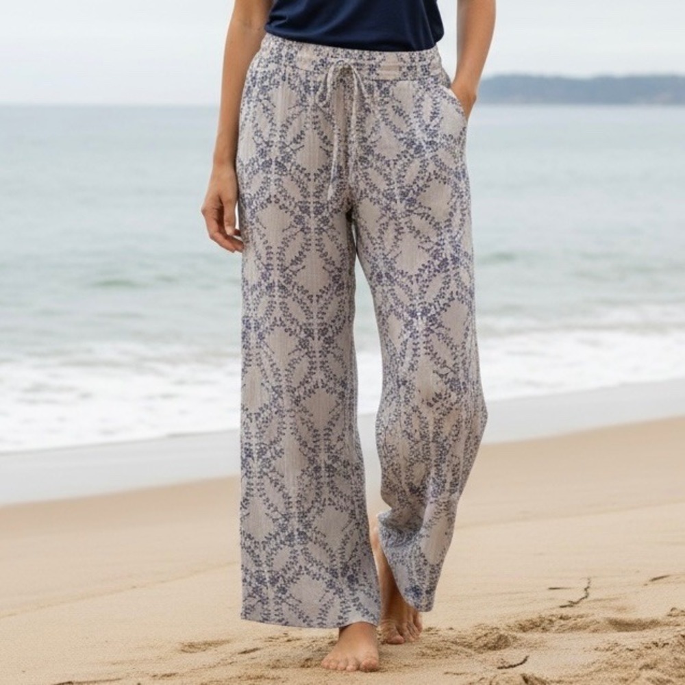 Womens‎ Wide Leg Pants Beige Blue Floral Drawstring Waist Casual Palazzo Size L